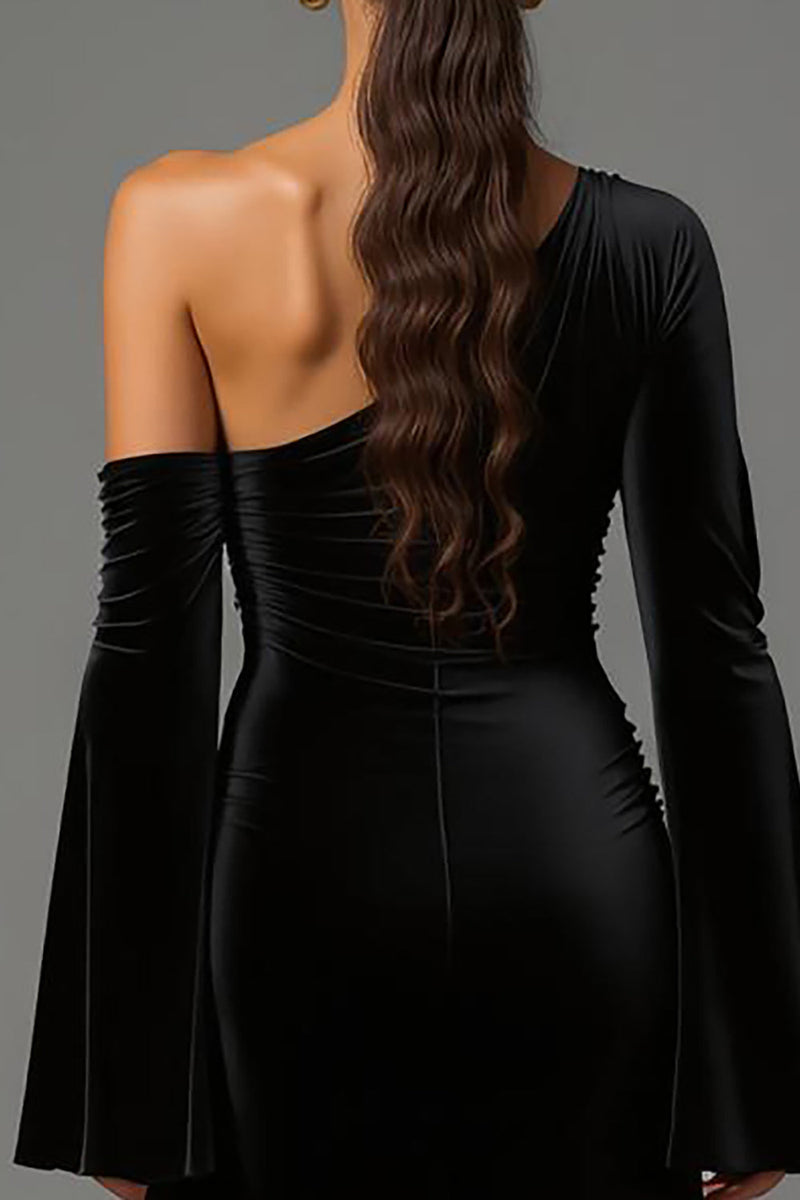 Load image into Gallery viewer, Black Velvet One Shoulder Long Sleeves Holiday Party Dress
