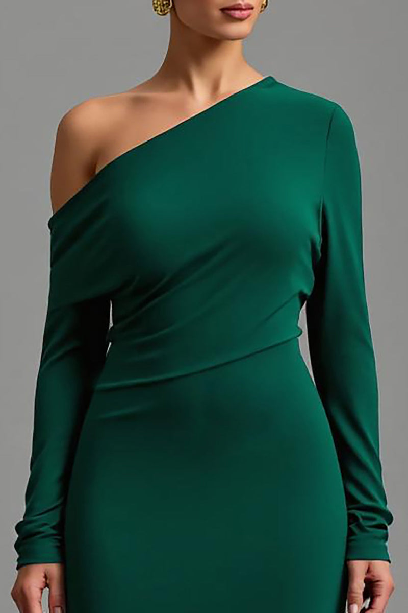 Queendancer Women Dark Green Long Satin Formal Dress with Sleeves