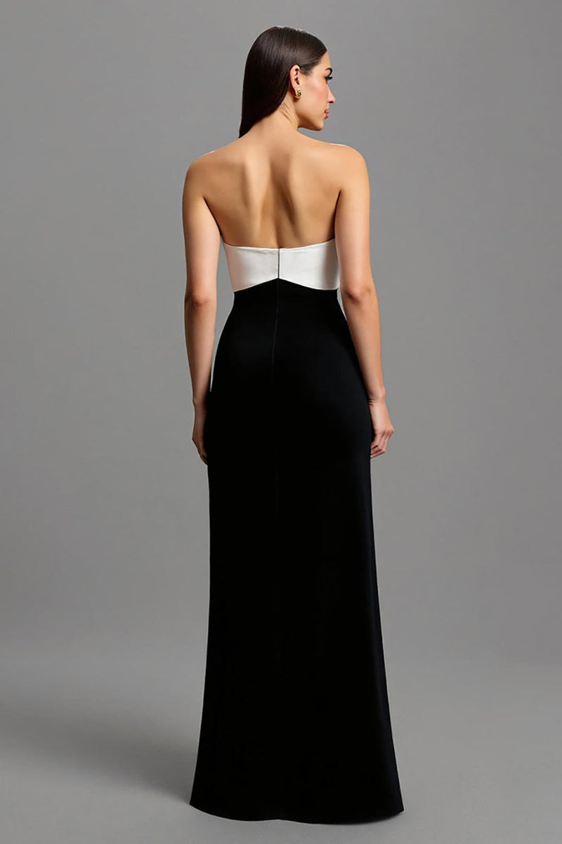 Load image into Gallery viewer, Black and White Satin Strapless Long Formal Dress with Bows