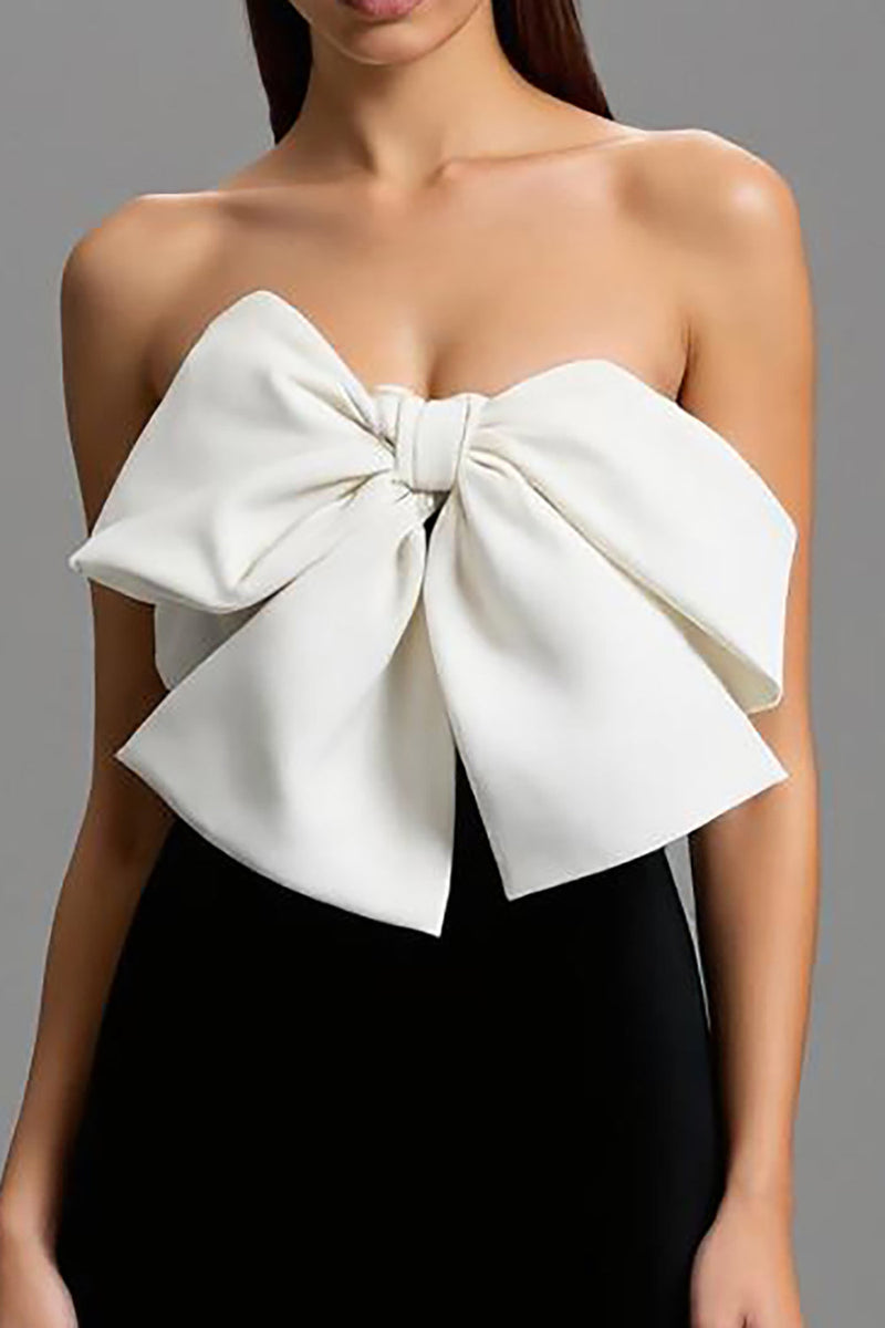 Load image into Gallery viewer, Black and White Satin Strapless Long Formal Dress with Bows