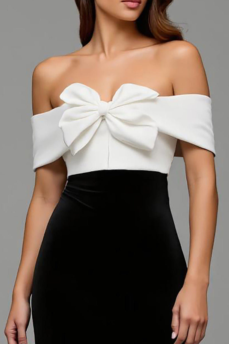 Queendancer Women Black and White Sheath Long Formal Dress Satin Off