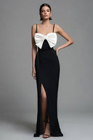 Load image into Gallery viewer, Black and White Spaghetti Straps Sheath Bow Long Formal Dress with Slit