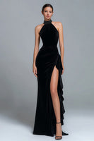 Load image into Gallery viewer, Simple Black Halter Sheath Beaded Long Holiday Party Dress with Slit