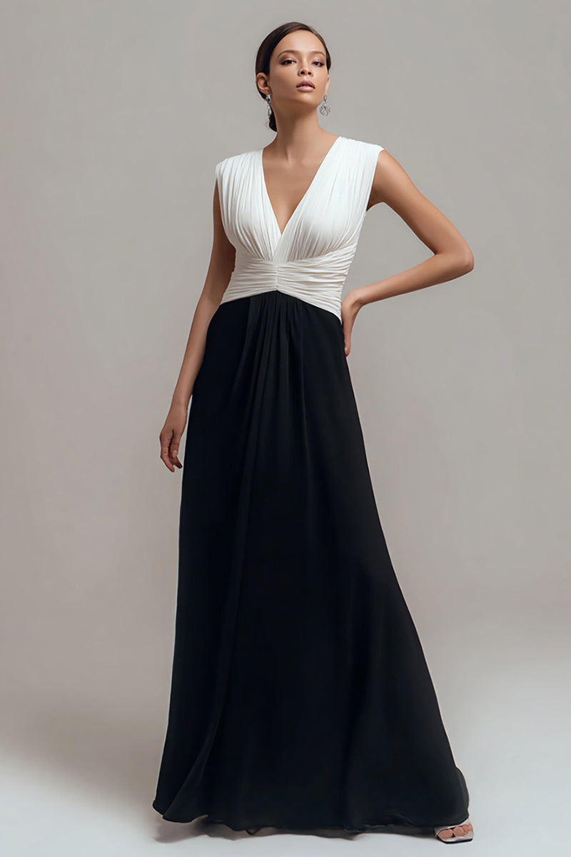 Load image into Gallery viewer, Chiffon Black and White V Neck Sheath Long Formal Dress