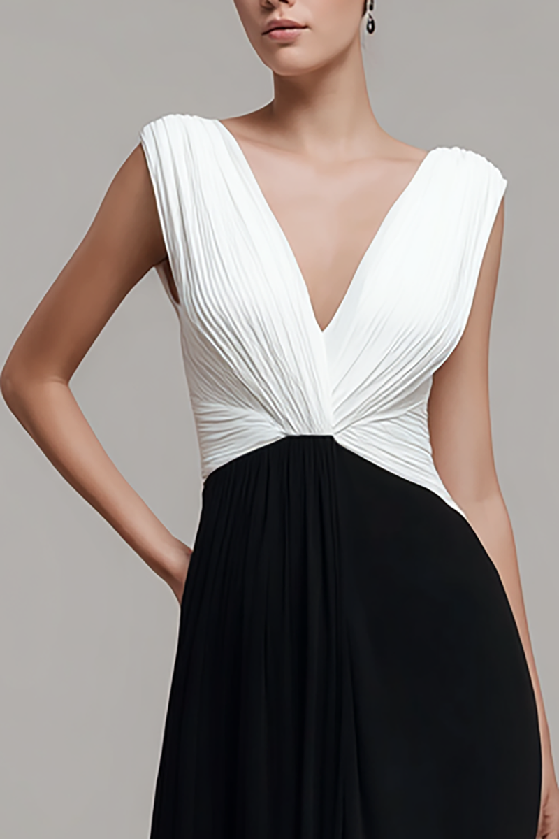 Load image into Gallery viewer, Black and White Chiffon V Neck Ruched Long Formal Dress