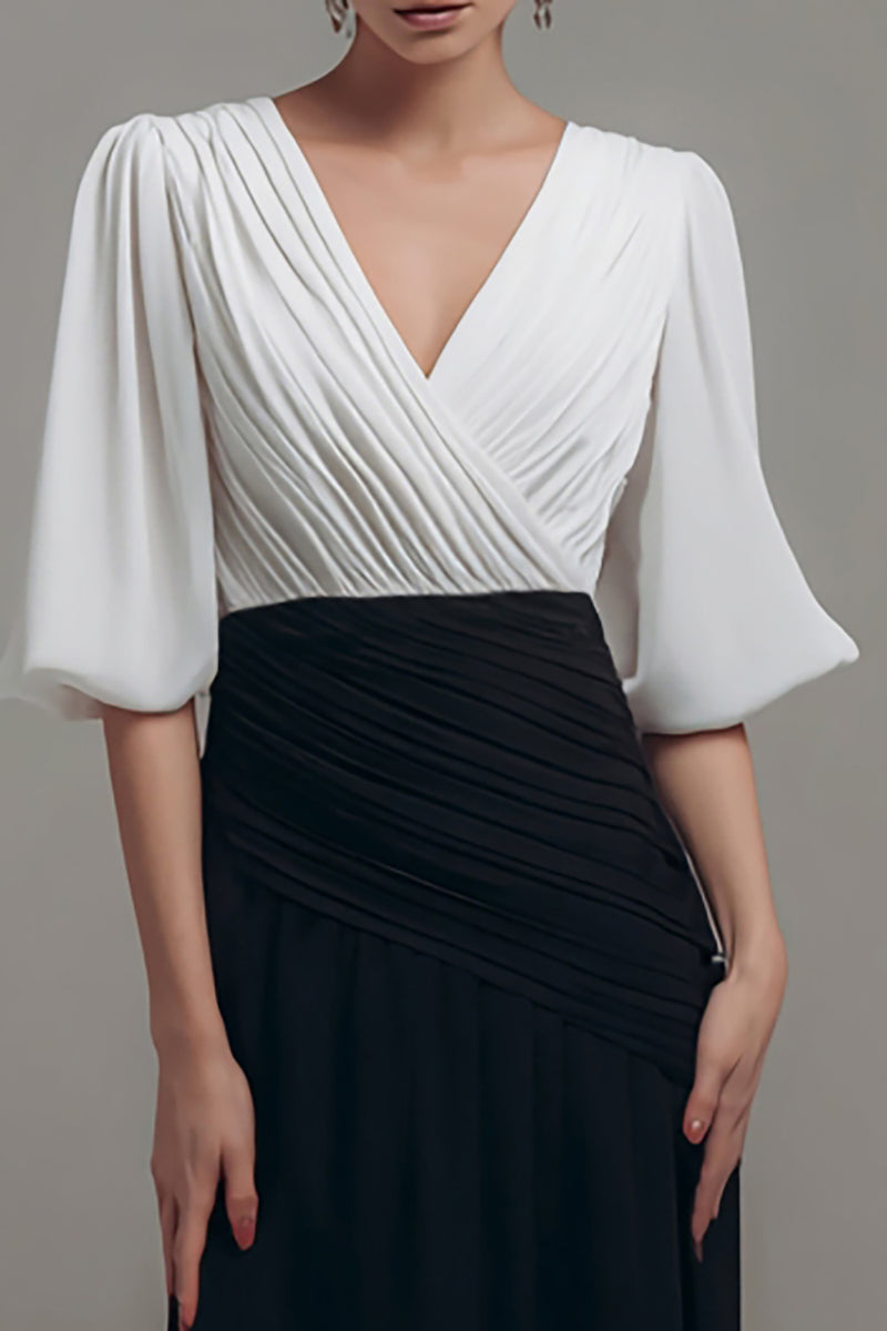 Load image into Gallery viewer, Chiffon Black and White Ruched Long Formal Dress with Sleeves
