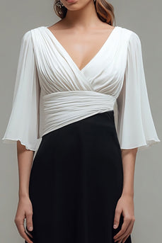 Black and White Chiffon Ruched Maxi Formal Dress with Sleeves
