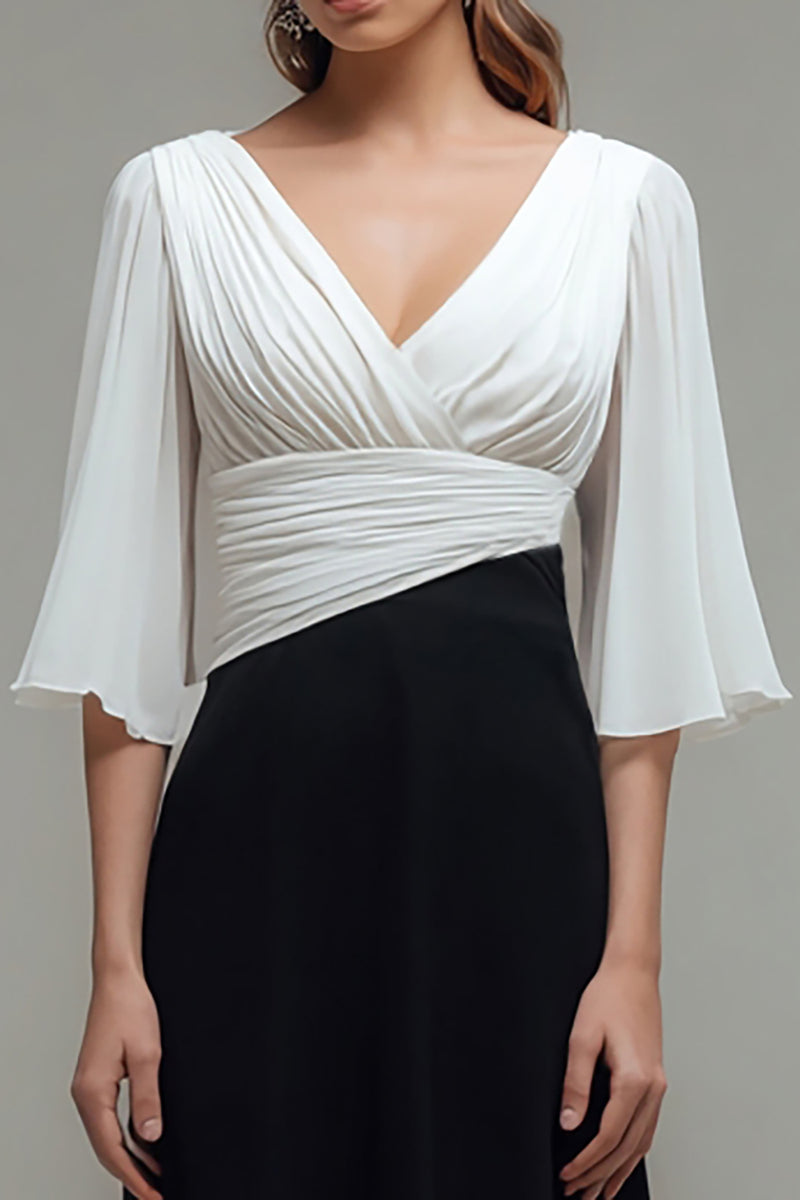 Load image into Gallery viewer, Black and White Chiffon Ruched Maxi Formal Dress with Sleeves