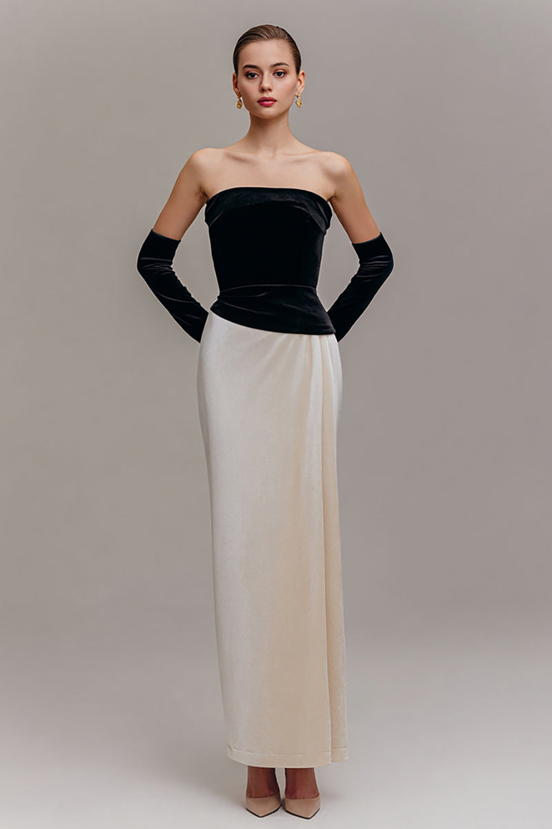 Load image into Gallery viewer, Black and Champagne Velvet Strapless Sheath Long Holiday Party Dress