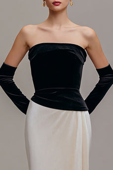 Black and Champagne Velvet Strapless Sheath Long Holiday Party Dress