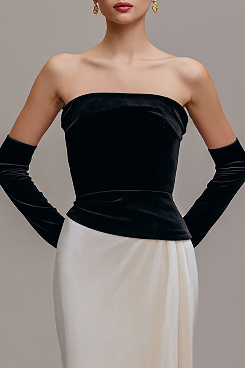 Load image into Gallery viewer, Black and Champagne Velvet Strapless Sheath Long Holiday Party Dress