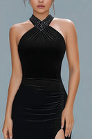 Load image into Gallery viewer, Black Sheath Halter Ruched Long Holiday Party Dress with Slit