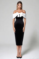 Load image into Gallery viewer, Black and White Bodycon Off the Shoulder Midi Cocktail Dress with Bow