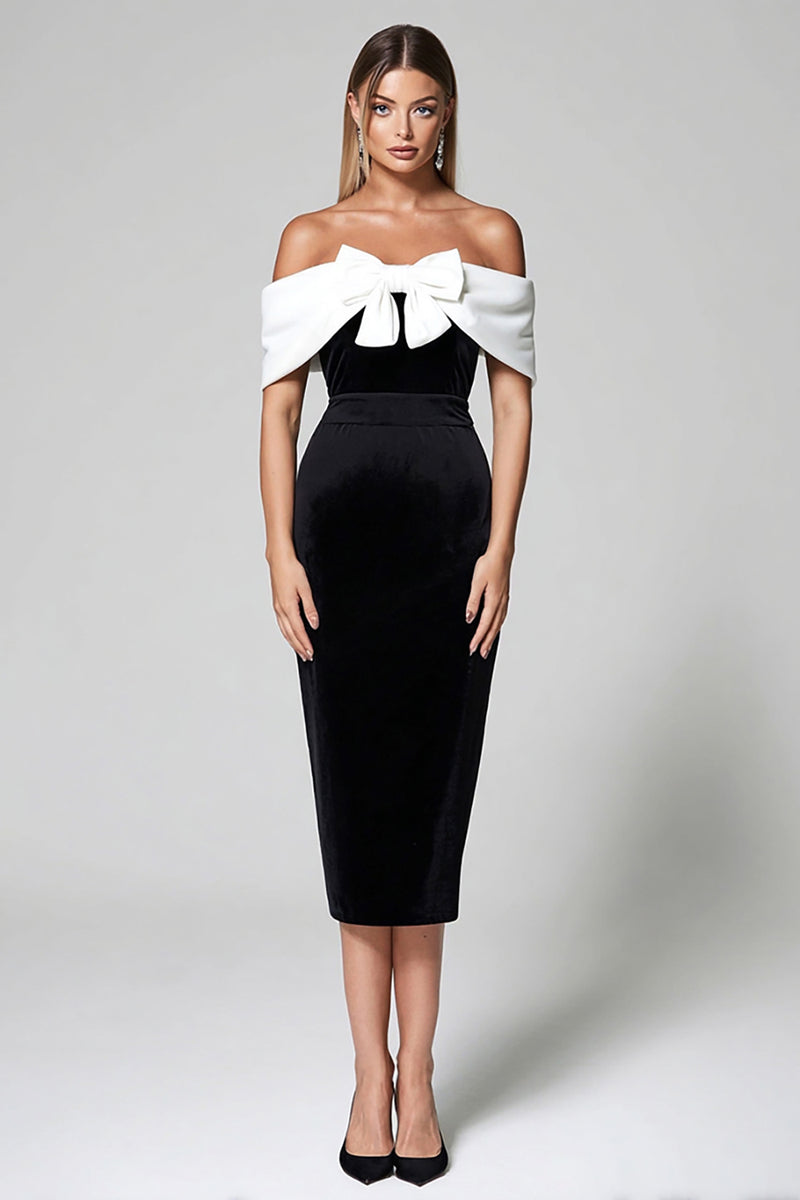 Load image into Gallery viewer, Black and White Bodycon Off the Shoulder Midi Cocktail Dress with Bow