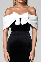 Load image into Gallery viewer, Black and White Bodycon Off the Shoulder Midi Cocktail Dress with Bow