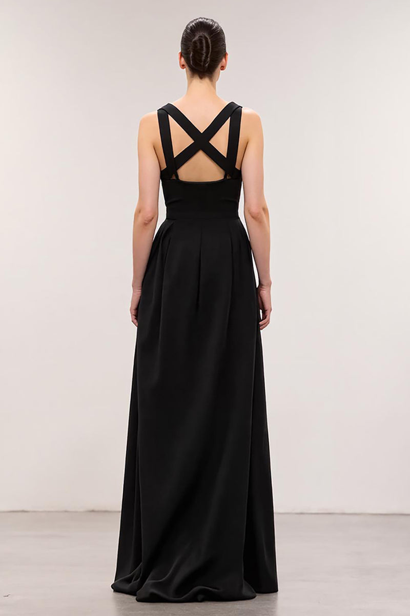 Load image into Gallery viewer, Simple Black A Line Square Neck Long Evening Dress
