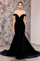 Load image into Gallery viewer, Black Mermaid Velvet Off the Shoulder Sweep Train Evening Dress