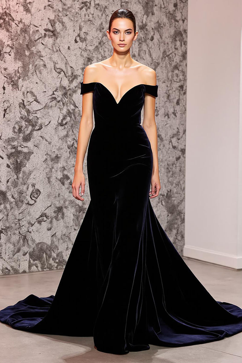 Load image into Gallery viewer, Black Mermaid Velvet Off the Shoulder Sweep Train Evening Dress