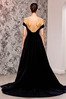 Load image into Gallery viewer, Black Mermaid Velvet Off the Shoulder Sweep Train Evening Dress