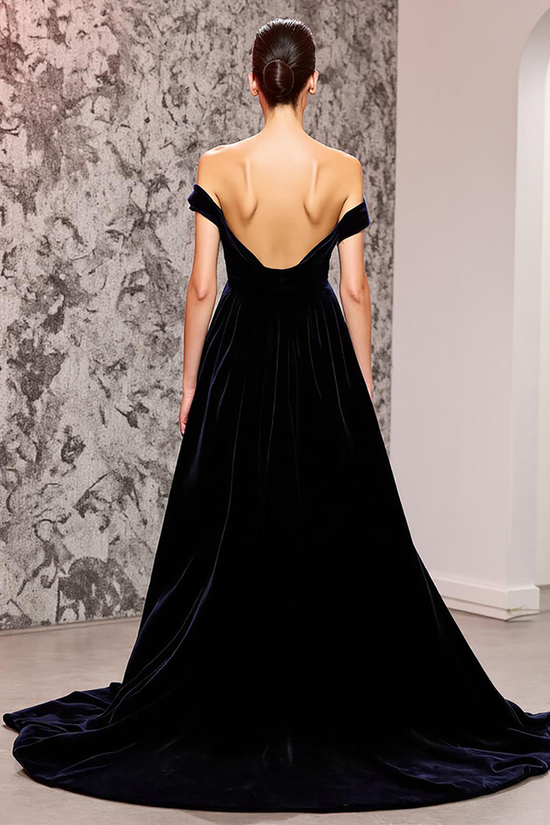 Load image into Gallery viewer, Black Mermaid Velvet Off the Shoulder Sweep Train Evening Dress