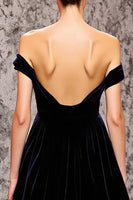 Load image into Gallery viewer, Black Mermaid Velvet Off the Shoulder Sweep Train Evening Dress
