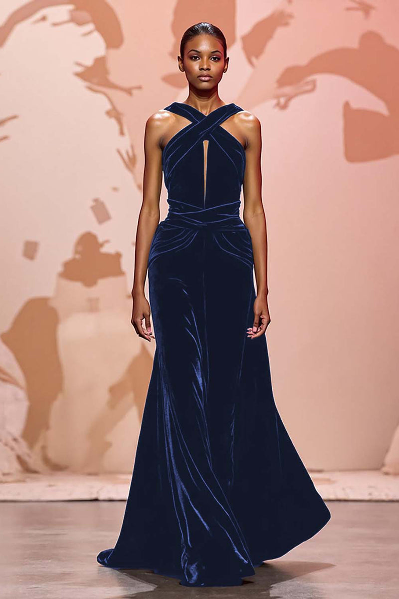 Load image into Gallery viewer, Simple Black Keyhole Velvet Maxi Evening Dress