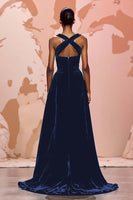 Load image into Gallery viewer, Simple Black Keyhole Velvet Maxi Evening Dress
