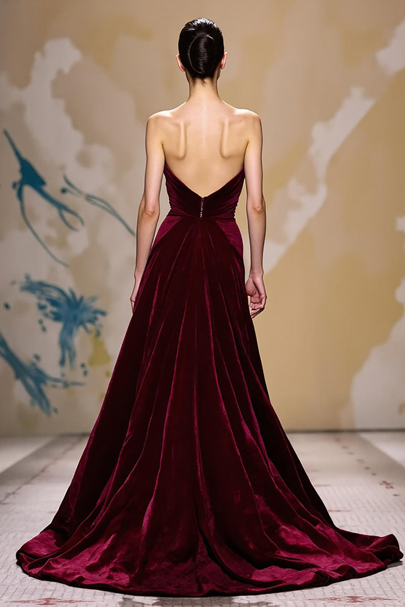 Load image into Gallery viewer, Dark Red Velvet Strapless Long Evening Dress