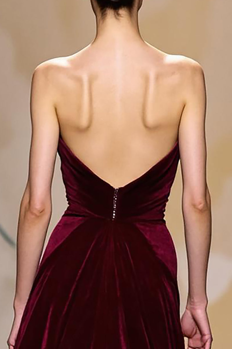 Load image into Gallery viewer, Dark Red Velvet Strapless Long Evening Dress