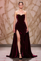 Load image into Gallery viewer, Dark Red Sweetheart Velvet Long Evening Dress with Slit