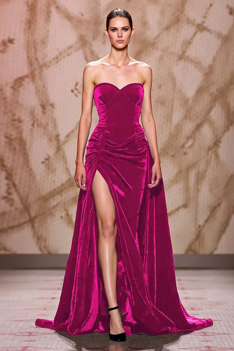 Load image into Gallery viewer, Dark Red Sweetheart Velvet Long Evening Dress with Slit