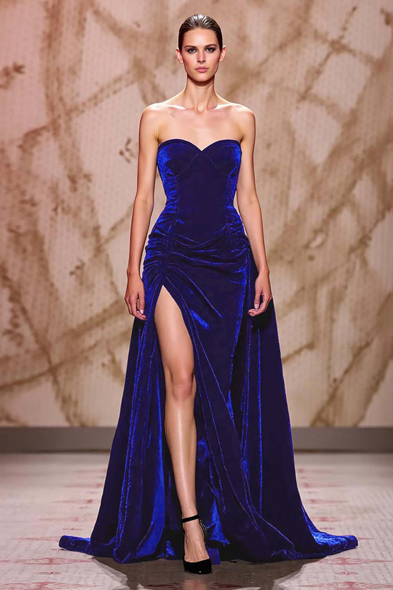 Load image into Gallery viewer, Dark Red Sweetheart Velvet Long Evening Dress with Slit