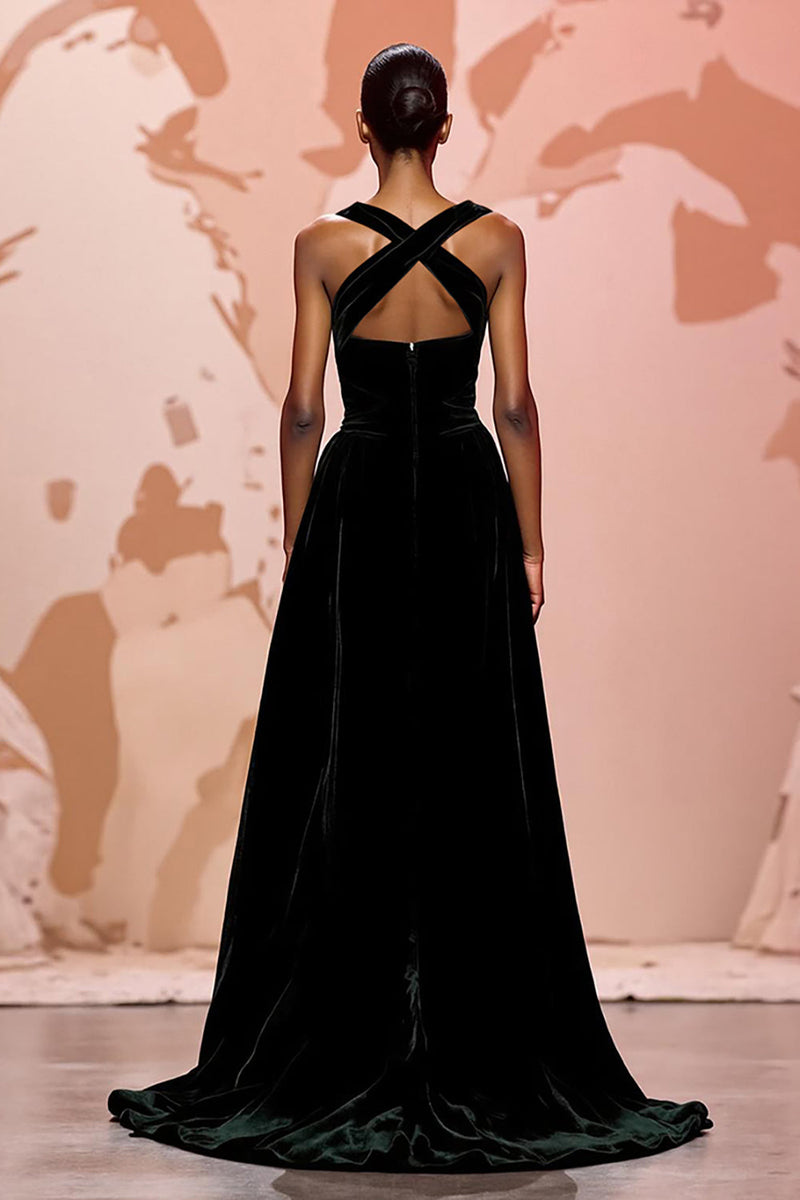 Load image into Gallery viewer, Simple Black Keyhole Velvet Maxi Evening Dress