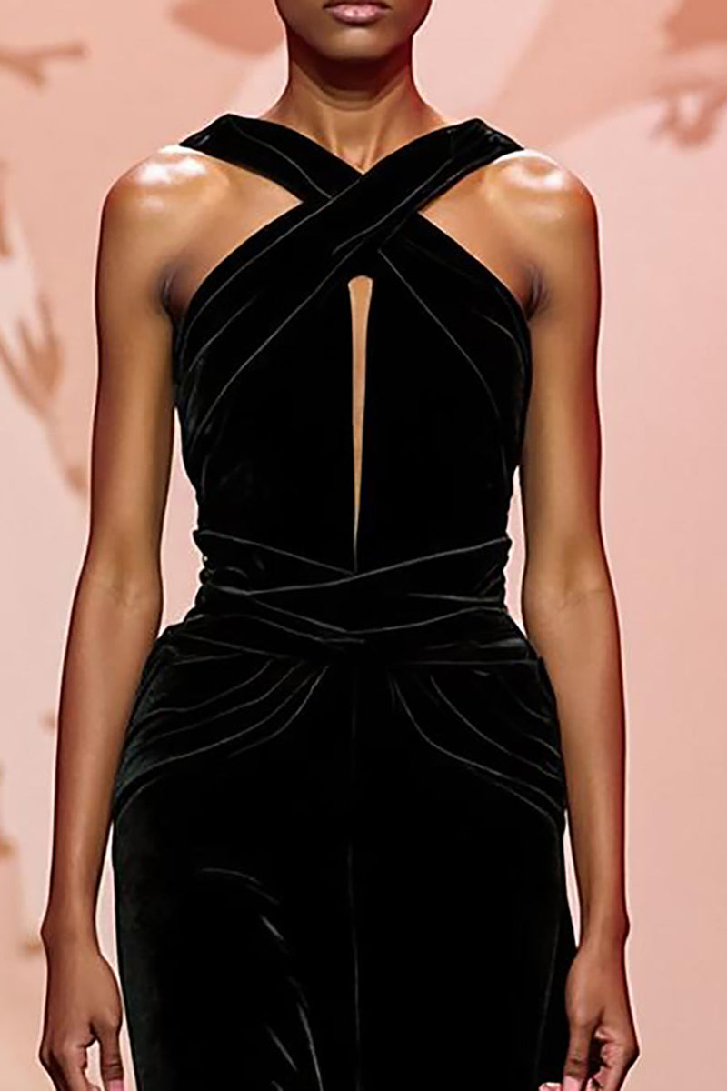 Load image into Gallery viewer, Simple Black Keyhole Velvet Maxi Evening Dress