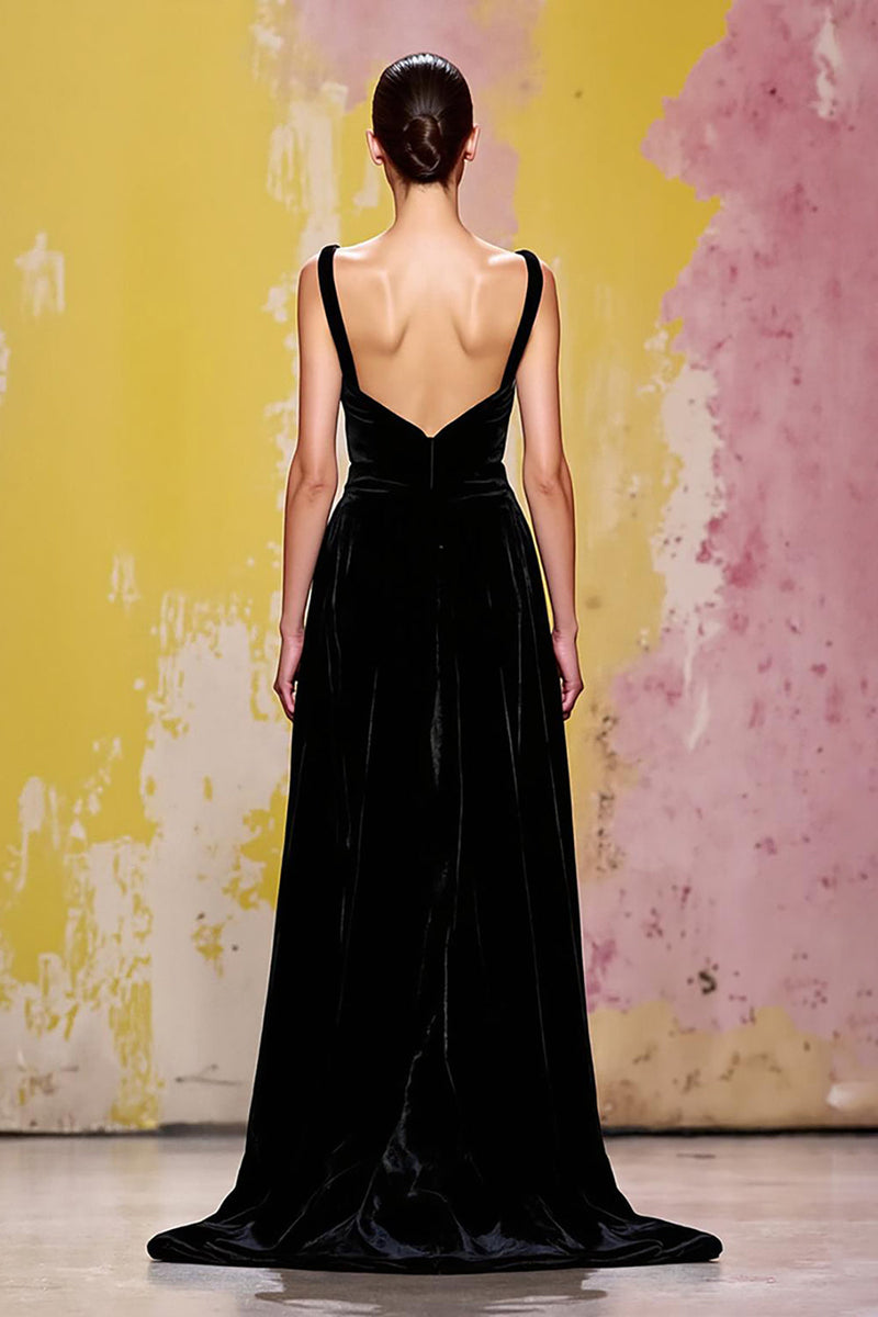 Load image into Gallery viewer, Simple Black Sheath Velvet Long Evening Dress