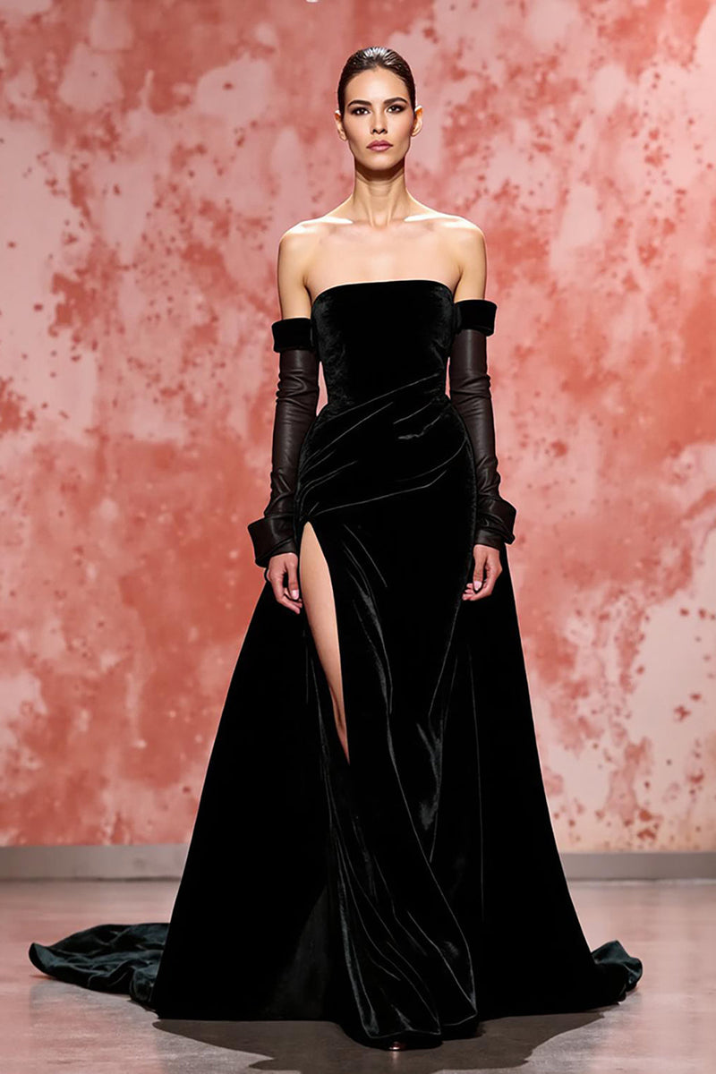 Load image into Gallery viewer, Black Velvet A Line Strapless Long Evening Dress with Slit