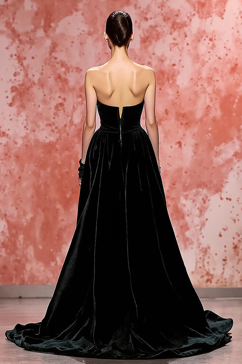 Load image into Gallery viewer, Black Velvet A Line Strapless Long Evening Dress with Slit
