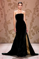 Load image into Gallery viewer, Simple Black Strapless Velvet Long Evening Dress with Slit