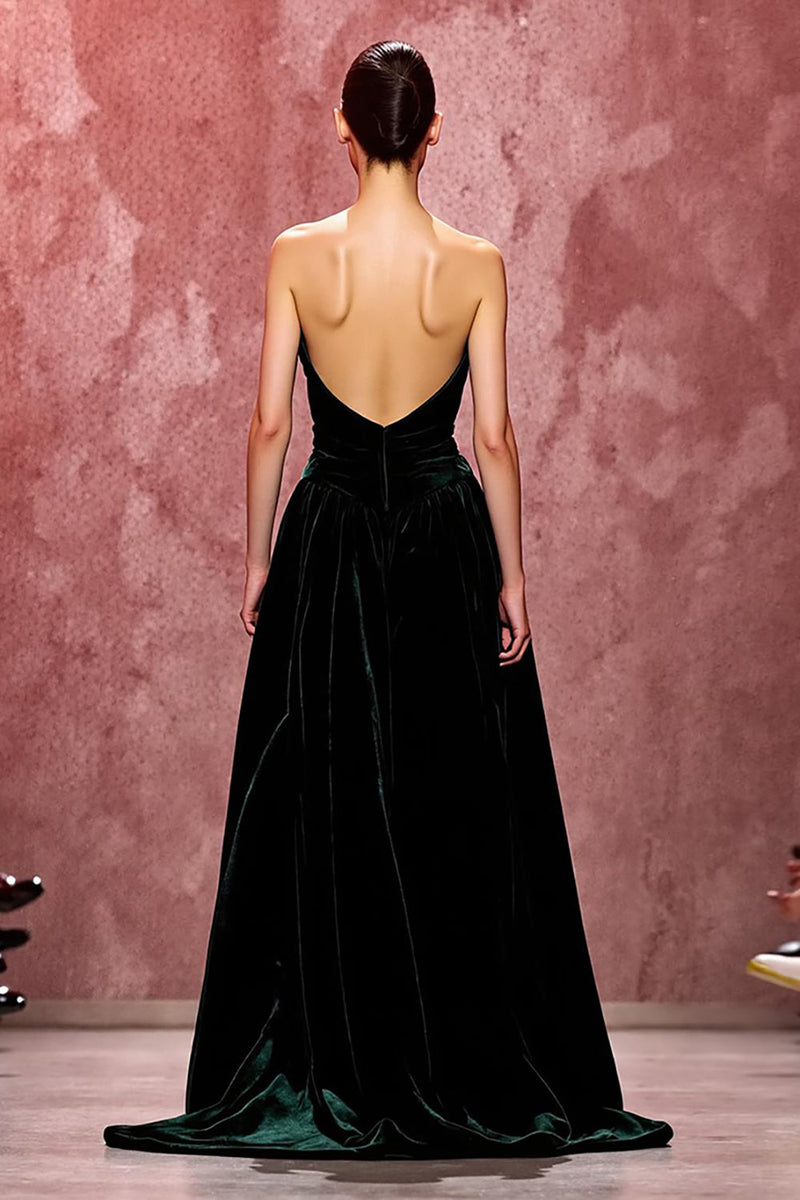 Load image into Gallery viewer, Simple Dark Green Velvet Strapless Long Evening Dress