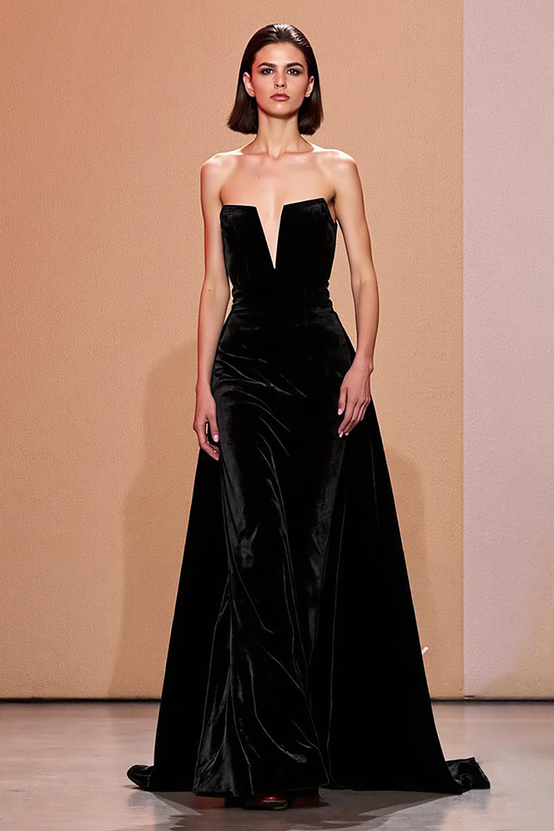 Load image into Gallery viewer, Simple Black Velvet Strapless Long Evening Dress