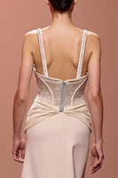 Load image into Gallery viewer, Sparkly Champagne Deep V-Neck Sheath Ruched Long Evening Dress