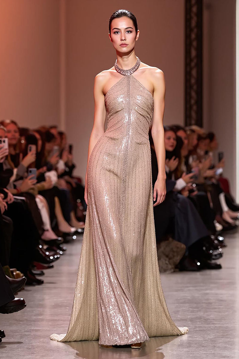 Load image into Gallery viewer, Sparkly Champagne Halter Sequin Backless Long Evening Dress