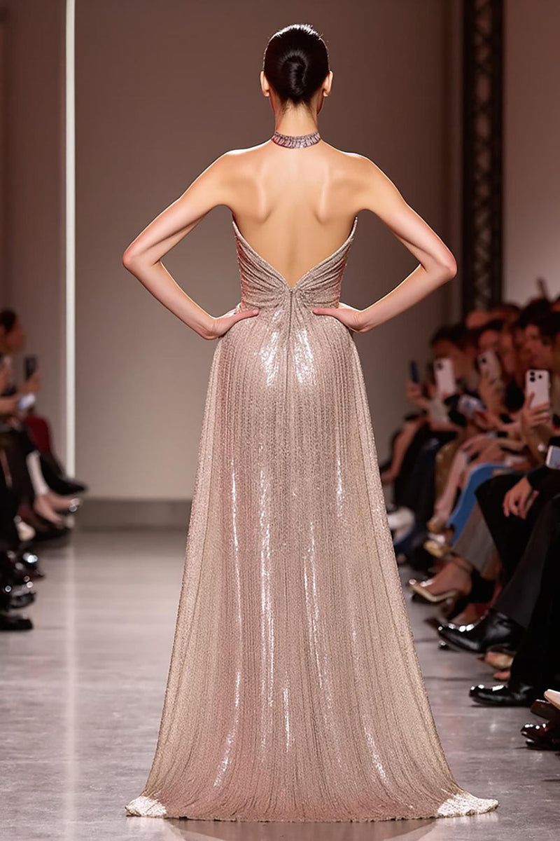 Load image into Gallery viewer, Sparkly Champagne Halter Sequin Backless Long Evening Dress