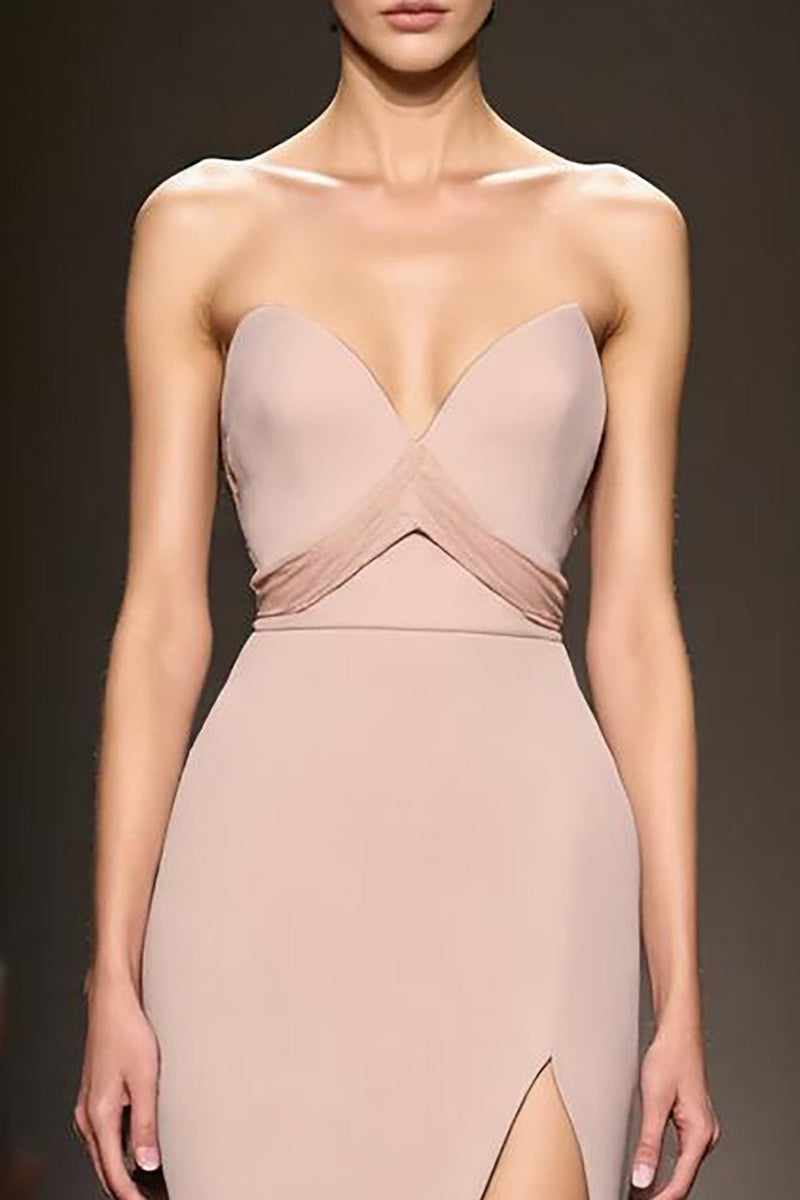 Load image into Gallery viewer, Simple Champagne Satin Strapless Sheath Long Evening Dress with Slit