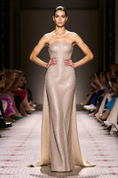 Load image into Gallery viewer, Sparkly Champagne Strapless Sheath Long Evening Dress