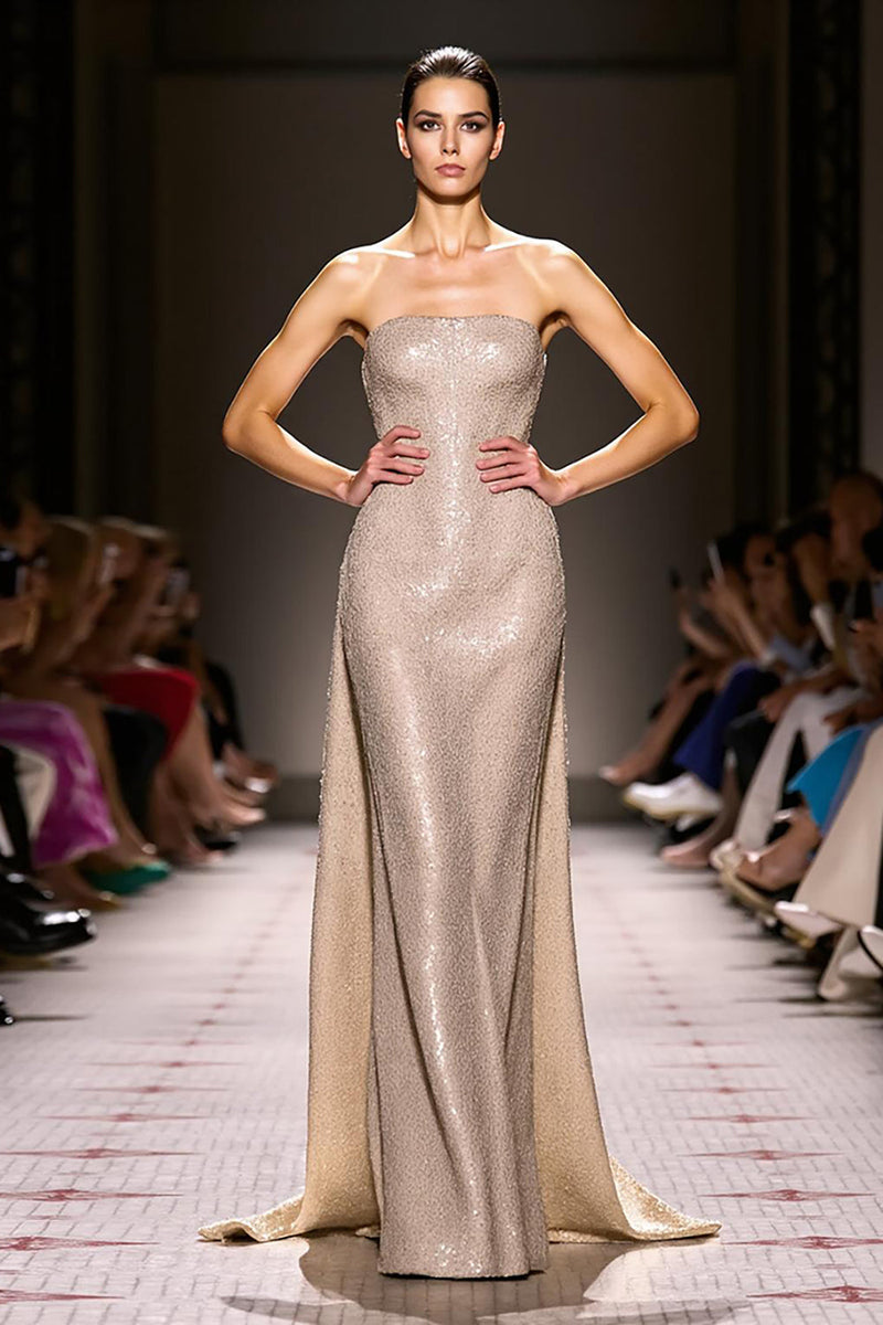 Load image into Gallery viewer, Sparkly Champagne Strapless Sheath Long Evening Dress