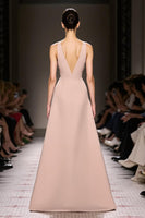 Load image into Gallery viewer, Champagne Satin Sheath Deep V-Neck Long Evening Dress with Slit