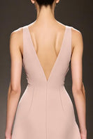 Load image into Gallery viewer, Champagne Satin Sheath Deep V-Neck Long Evening Dress with Slit