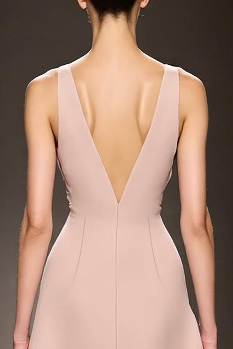 Load image into Gallery viewer, Champagne Satin Sheath Deep V-Neck Long Evening Dress with Slit