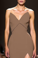 Load image into Gallery viewer, Simple Coffee Strapless Sheath Satin Long Evening Dress with Slit